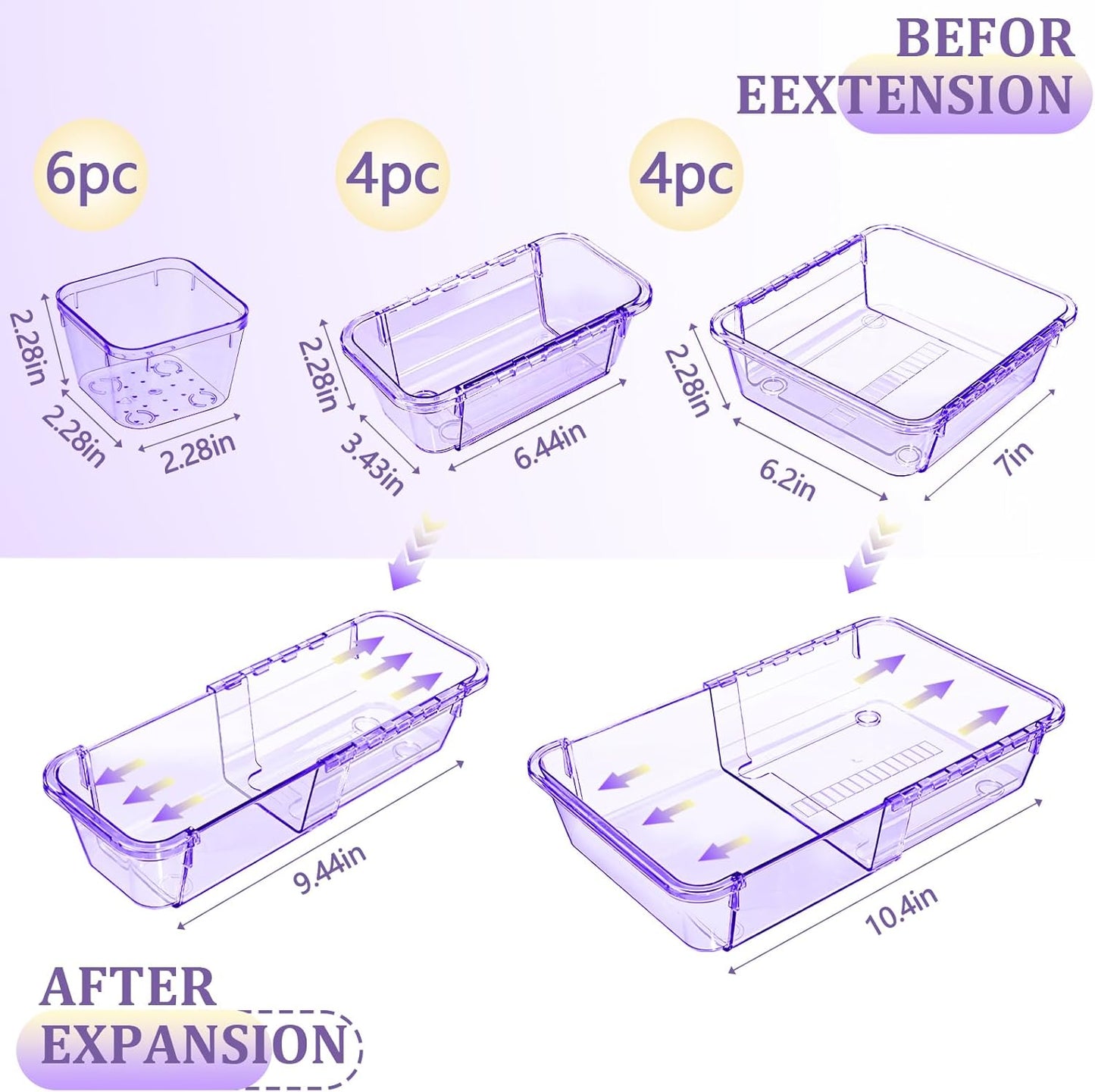 14 Pcs Adjustable Clear Drawer Organizer, Extendable Vanity Storage Bins, Desk Drawer Organizer Set for Makeup, Cosmetics, Bedroom, and Gadgets, Purple