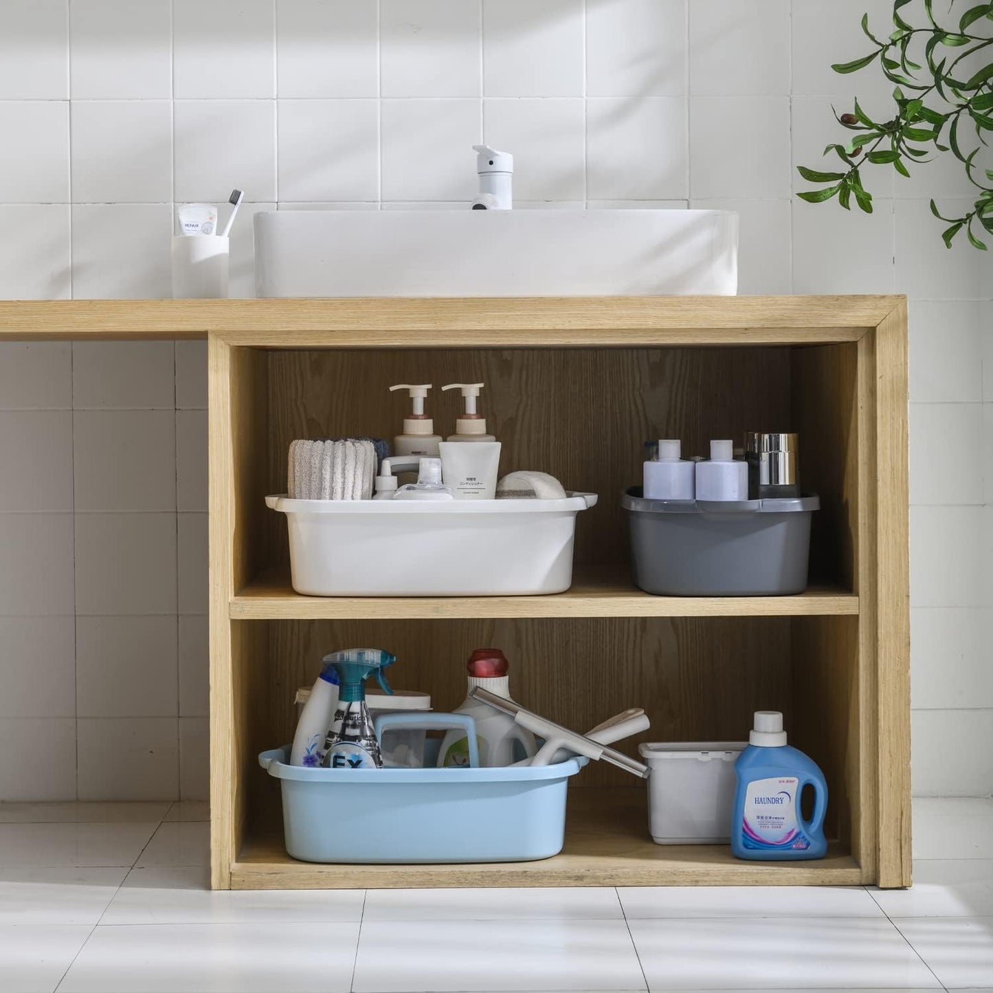 Haundry Large Cleaning Caddy with Handle, Tool Storage Basket Organizer, Sturdy Pail Bucket Organizer, Household Bucket for Cleaning Supplies - Gray