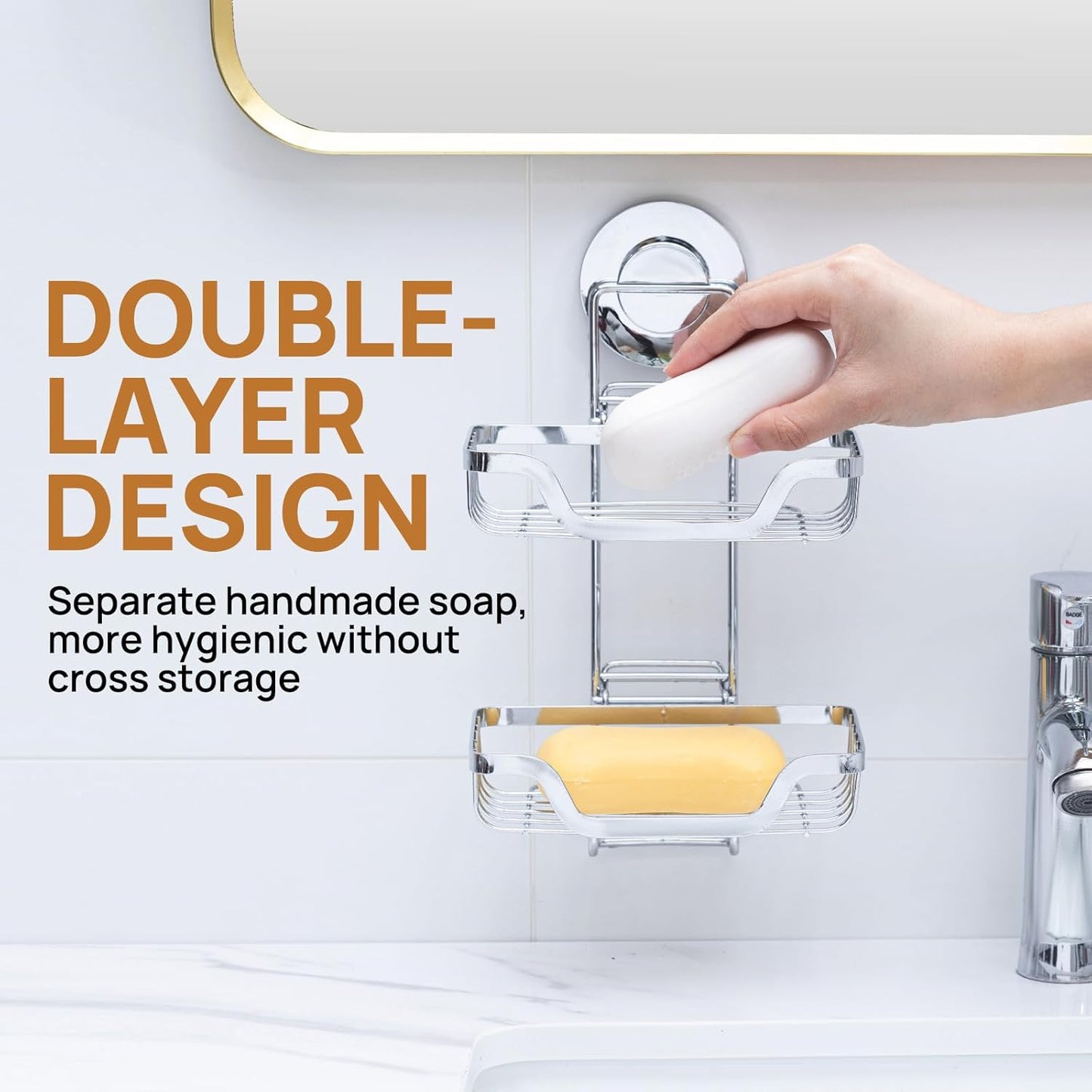 LEVERLOC Bar Soap Holder Dish Suction Cup Wall Mounted, Stainless Steel Double Layer Soap Saver for Shower Bathroom Bath Tub Kitchen Sink, Removable Waterproof, Keep Dry, Silver