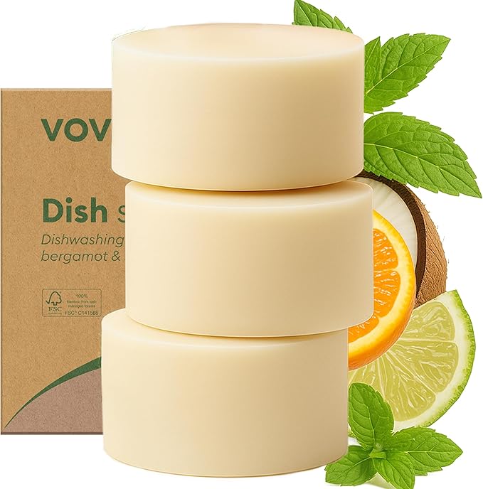 Vove Dish Soap Bar 3 Pack, Coastal Citrus Mint, Mandarin, Spearmint, Cypress & Bergamot Oils, Coconut Cleanser, Plant-Based Solid Dish Soap, Zero-Waste, Plastic-Free, FSC-Certified Kraft Packaging