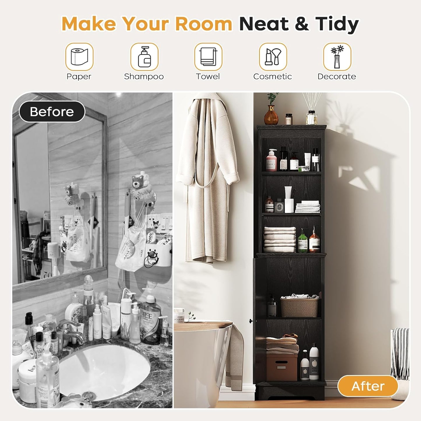 Farmhouse 60.9" H Tall Narrow Storage Cabinet with Door and Open Adjustable Shelves, Freestanding Organizer for Bathroom, Kitchen, Entryway, Wooden Tower Corner Cabinet, Black