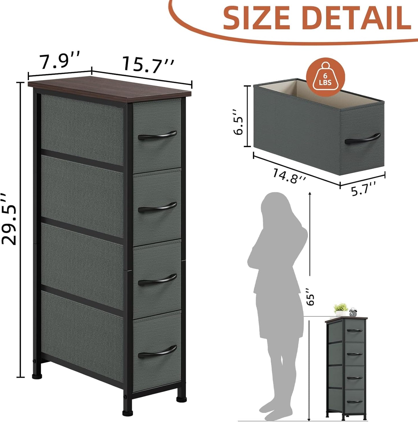 Somdot Narrow Dresser with 4 Drawers, Slim Storage Organizer Chest of Drawers with Removable Fabric Drawers for Small Spaces Bathroom Closet Bedroom Laundry, Charcoal Grey