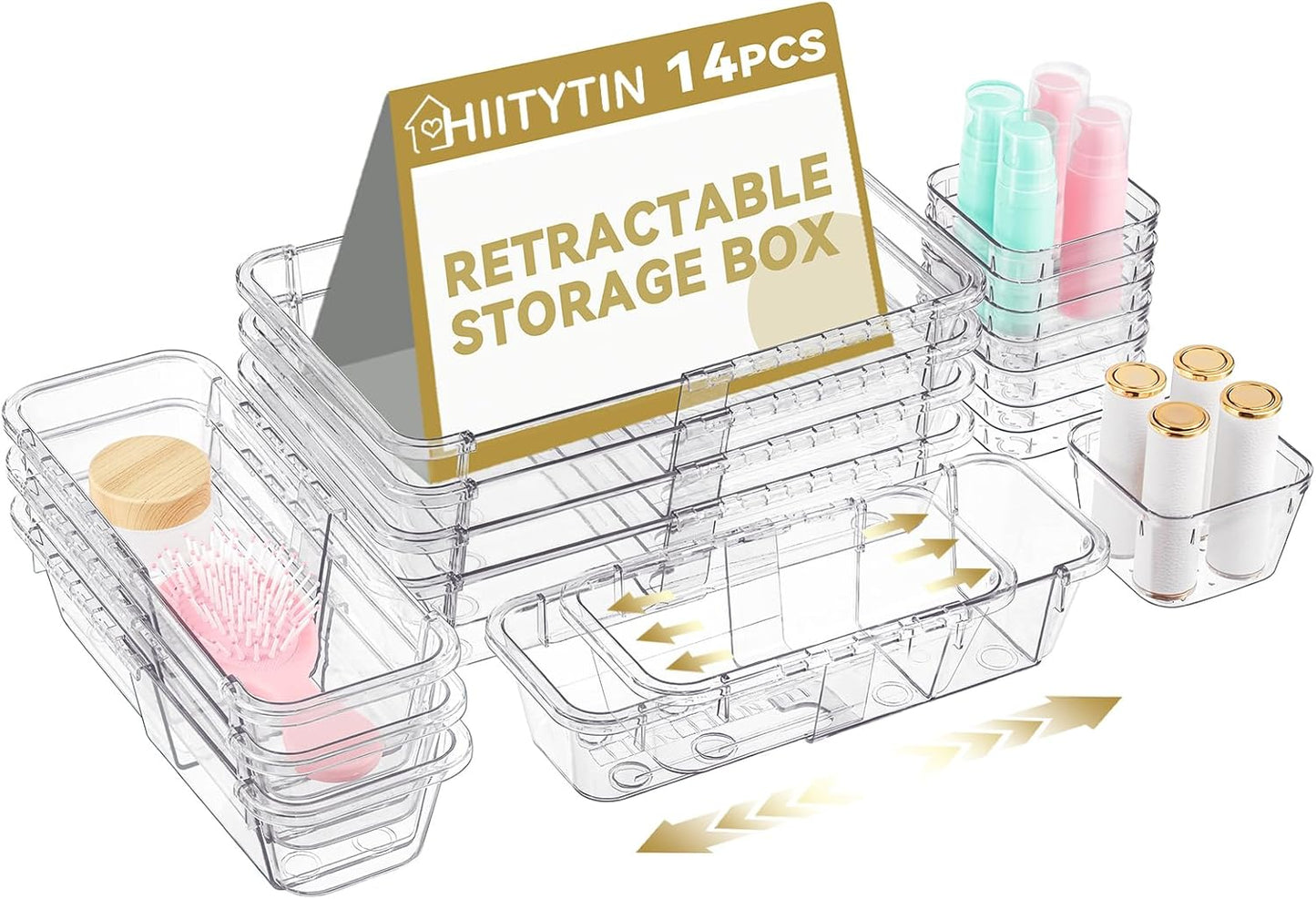 14 Pcs Adjustable Clear Drawer Organizer, Extendable Vanity Storage Bins, Desk Drawer Organizer Set for Makeup, Cosmetics, Bedroom, and Gadgets, Clear