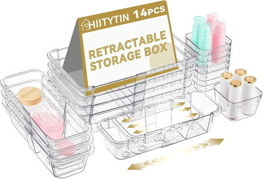 14 Pcs Adjustable Clear Drawer Organizer, Extendable Vanity Storage Bins, Desk Drawer Organizer Set for Makeup, Cosmetics, Bedroom, and Gadgets, Clear