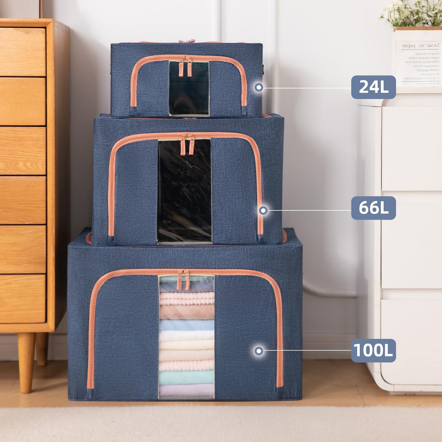 3 Pack 24L Stackable Clothes Storage Bins with Metal Frame Handles & Zipper, Collapsible Closet Organizer Box with Lid for Bedding Blankets Towel (Navy)