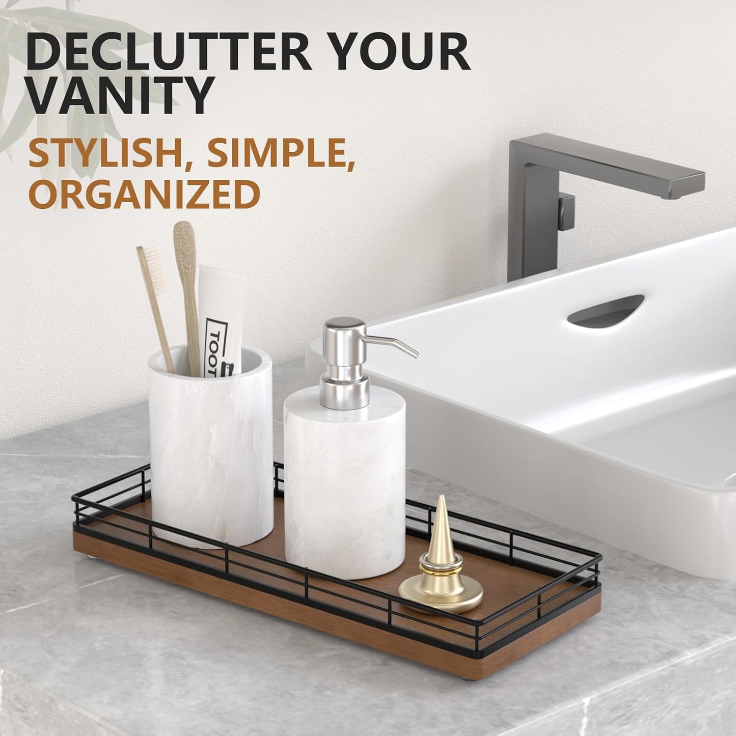 Bathroom Tray for Counter Top Organizer – Oak Wood Vanity Tray with Metal Frame for Dresser, Kitchen, Nightstand – Black & Brown Decorative Storage