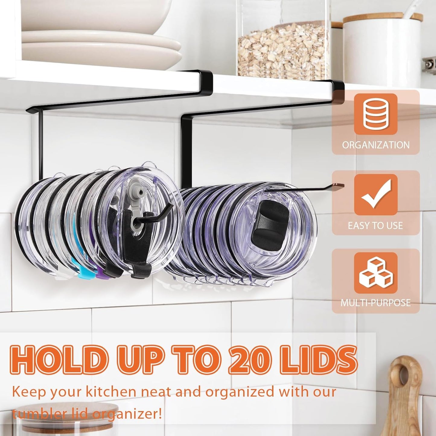 2 Pack Tumbler Lid Organizer, Horizontal Tumbler Lid Storage Hook Up to 20 Lids, Space Saving Cup Lid Holder Under Cabinet Tumbler Lid Hook for Kitchen Organizer, Paper Towel Hanger(Round&Flat, Black)