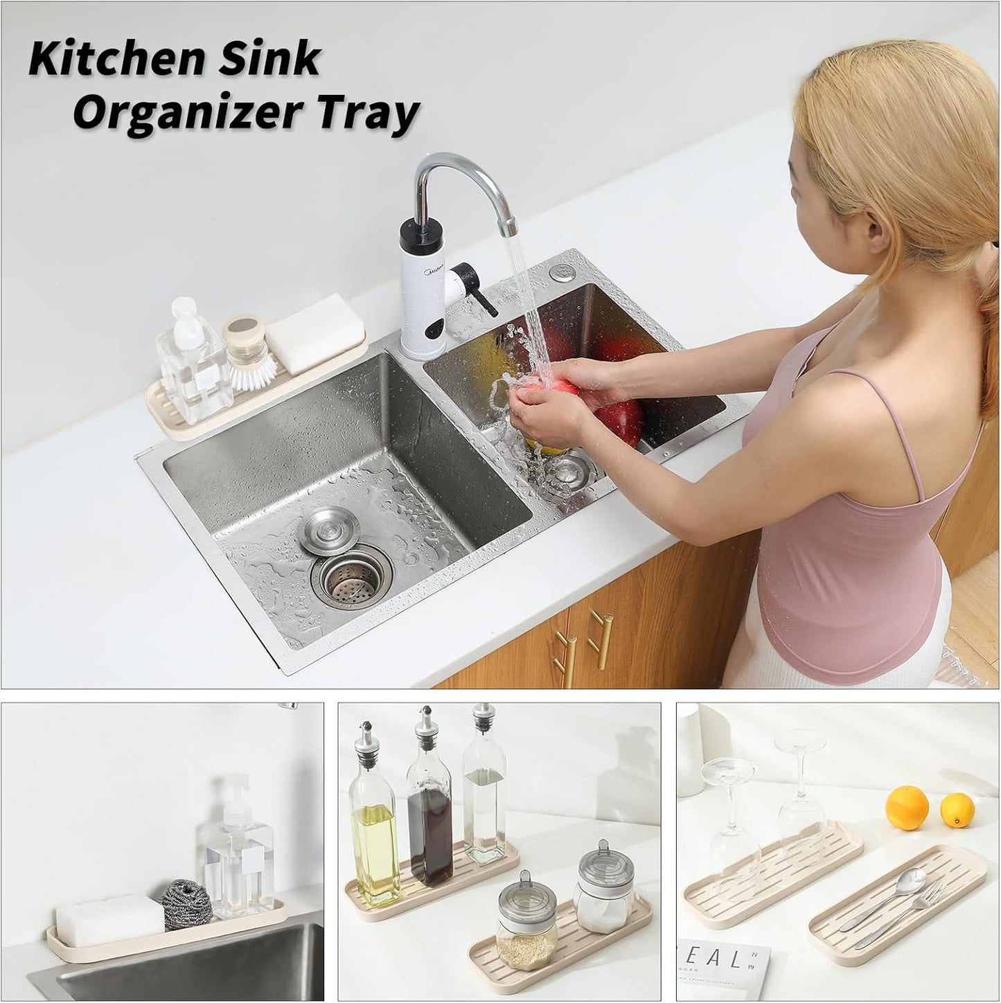 Silicone Kitchen Sink Organizer Tray for Multiple Usage,Eco-Friendly Sponges Holder for Kitchen Bathroom Counter or Sink,Dish Soap Dispenser,Scrubber,Bottle,Cup (Tapioca, 12"×4")