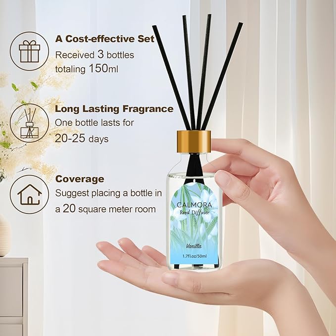 CALMORA Reed Diffuser for Bathroom & Bedroom, 3-Pack 50ml Citrus/Linen/Vanilla Scented Oil Set with 15 Sticks | Home Fragrance Diffuser, Flameless Air Freshener