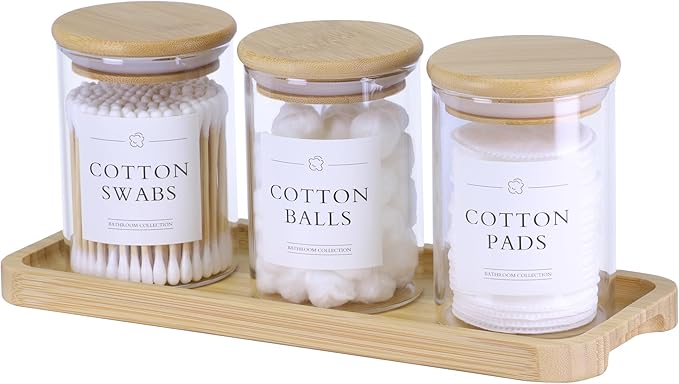 Qtip Holder with Vanity Tray - 3 Pack Glass Apothecary Jars with Lids, Cotton Ball Swab Pad Floss Pick Holder, Bathroom Organizers Jars Containers Canisters Accessories Set