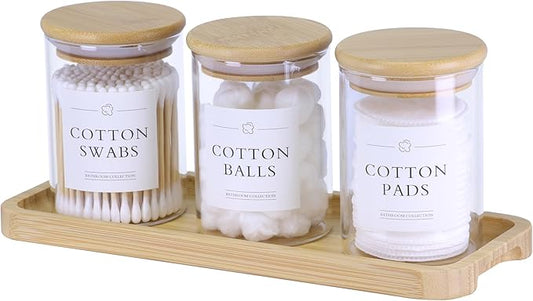 Qtip Holder with Vanity Tray - 3 Pack Glass Apothecary Jars with Lids, Cotton Ball Swab Pad Floss Pick Holder, Bathroom Organizers Jars Containers Canisters Accessories Set