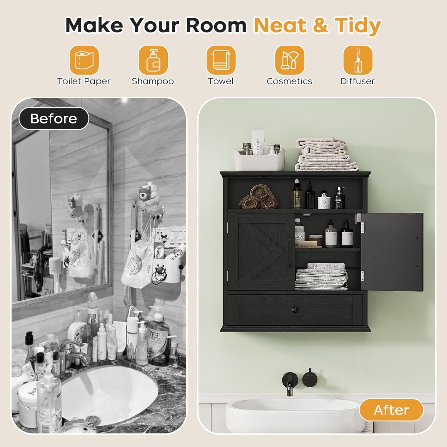 Bathroom Wall Cabinet, Wall Mounted Medicine Cabinet with Drawer, Barn Door & Adjustable Shelf, 24.4"H x 23.6"W x 9"D Black Over Toilet Farmhouse Storage Cabinet for Kitchen, Laundry, Entryway