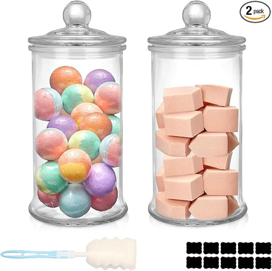 2 Pack Glass Apothecary Jars with Lids, 32oz Clear Bathroom Accessories Canisters Storage Organizer, Cotton Ball Holder Containers, Glass Jars for Bathroom, Vanity, Laundry Room