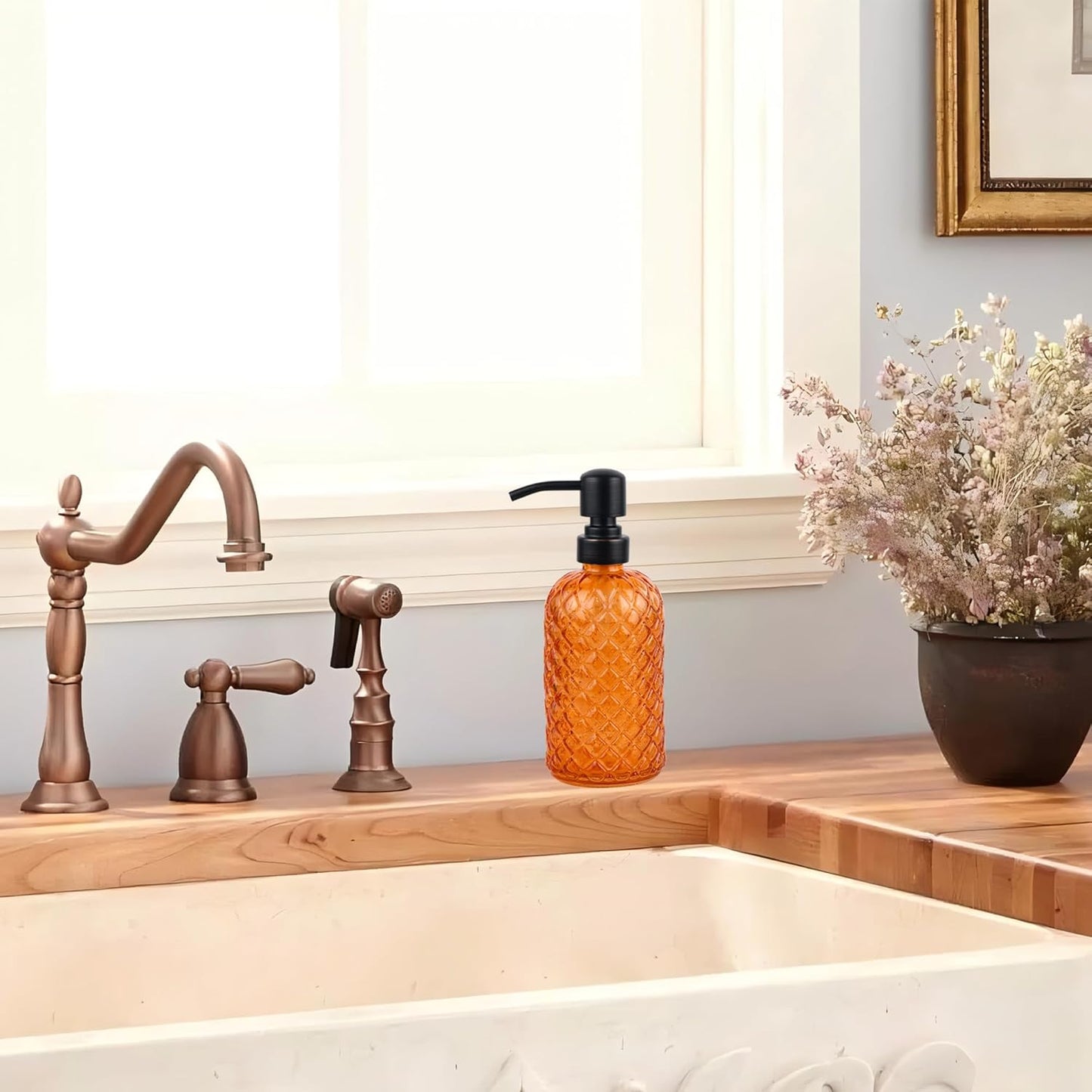 16 oz Glass Soap Dispenser with Stainless Steel Vintage Brushed Bronze Pump Head, Refillable Gemstone Pattern Soap Dispenser for Hand Soap, Dish Soap, and Lotion (Orange)