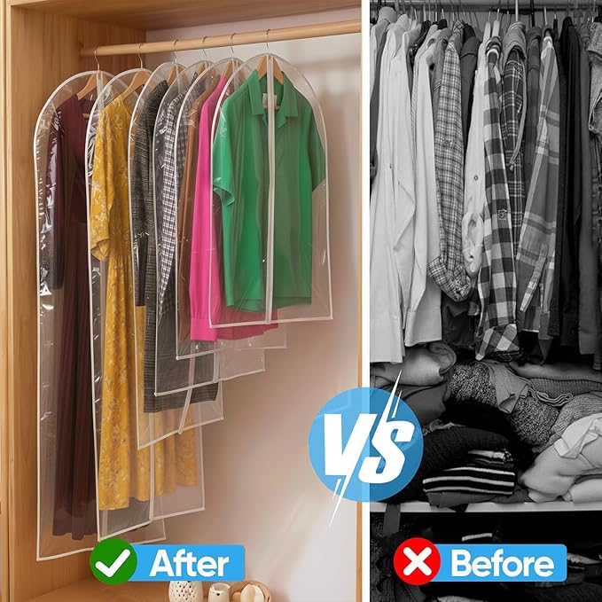 All Clear Garment Bags for Travel - 48” PEVA Waterproof Suit Cover with Zipper for Hanging Clothes, long dress - Durable Dresser for Closet Storage, Dustproof & Moisture Resistant - 48”/6 Pack