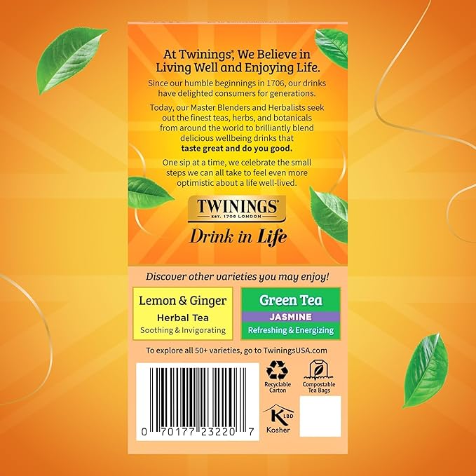 Twinings Peach & Orange Herbal Tea Individually Wrapped Bags, 20 Count (Pack of 2), Juicy & Fruity, Naturally Caffeine-Free, Enjoy Hot or Iced, 20 Teabags