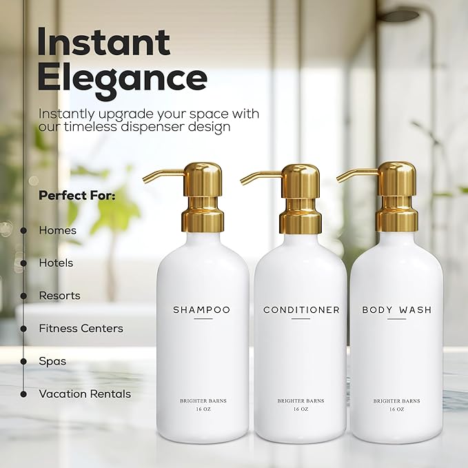 Luxury Shampoo and Conditioner Dispenser Set by Brighter Barns - Shower Soap Dispenser - Shampoo Conditioner Body Wash Dispenser & Pump - White and Gold Bathroom Accessories in Spa, Hotel, Gift (Gold)