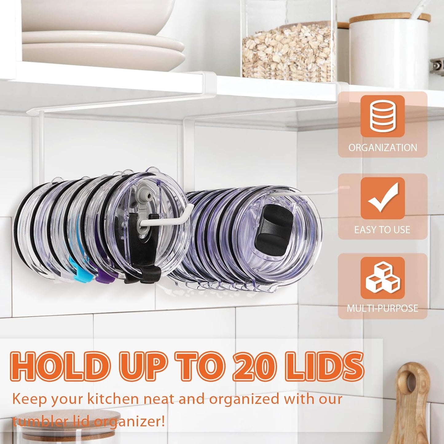 2 Pack Tumbler Lid Organizer, Horizontal Tumbler Lid Storage Hook Up to 20 Lids, Space Saving Cup Lid Holder Under Cabinet Tumbler Lid Hook for Kitchen Organizer, Paper Towel Hanger(Round&Flat, White)