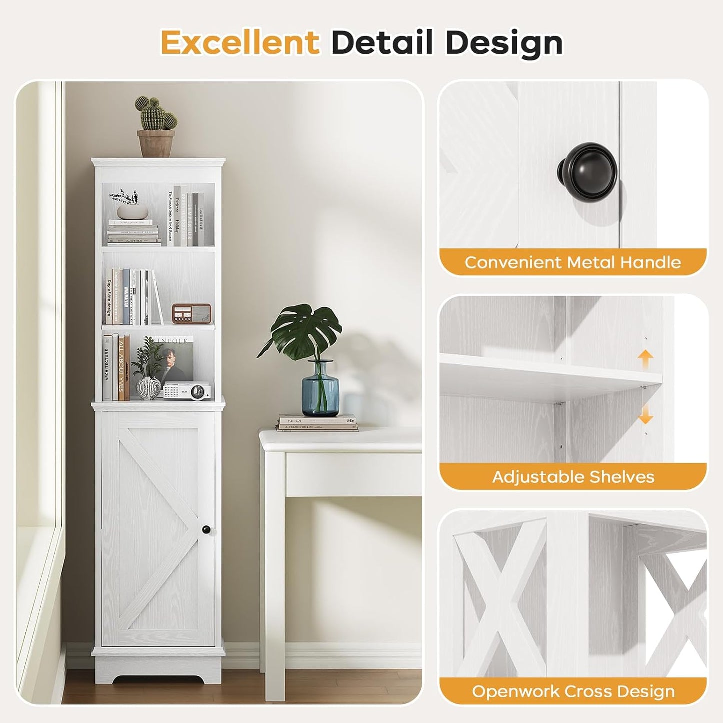 Tall Bathroom Storage Cabinet with Door and Open Adjustable Shelves, 60.9" H Wooden Tower Corner Narrow Farmhouse Cabinet, Freestanding Organizer for Kitchen, Entryway White