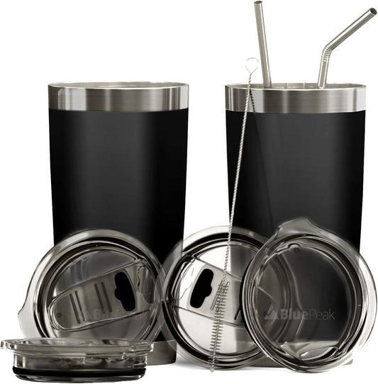 BluePeak Double Wall Vacuum Stainless Steel Insulated Tumblers Set, 2-Pack - Includes 2 Sipping Lids, 2 Spill-Proof Sliding Lids, 2 Straws, 1 Cleaning Brush & Gift Box (20 oz, Black)