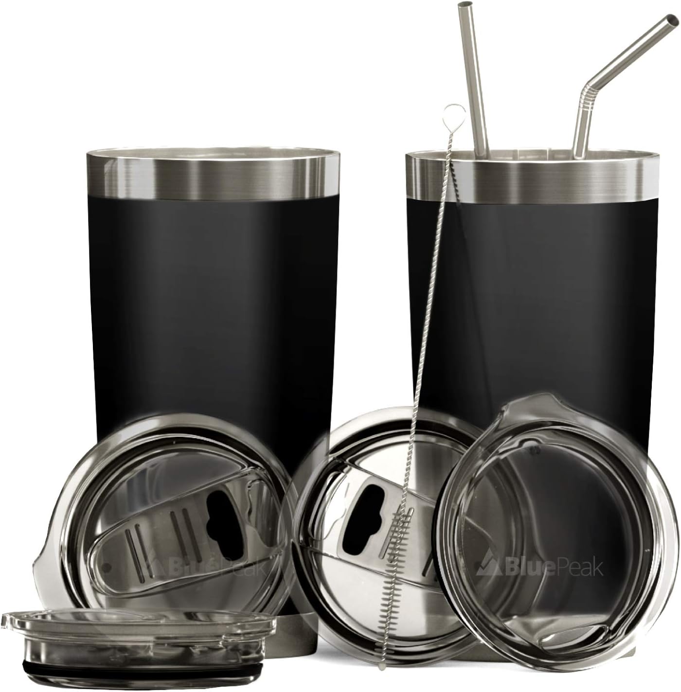 BluePeak Double Wall Vacuum Stainless Steel Insulated Tumblers Set, 2-Pack - Includes 2 Sipping Lids, 2 Spill-Proof Sliding Lids, 2 Straws, 1 Cleaning Brush & Gift Box (30 oz, Black)