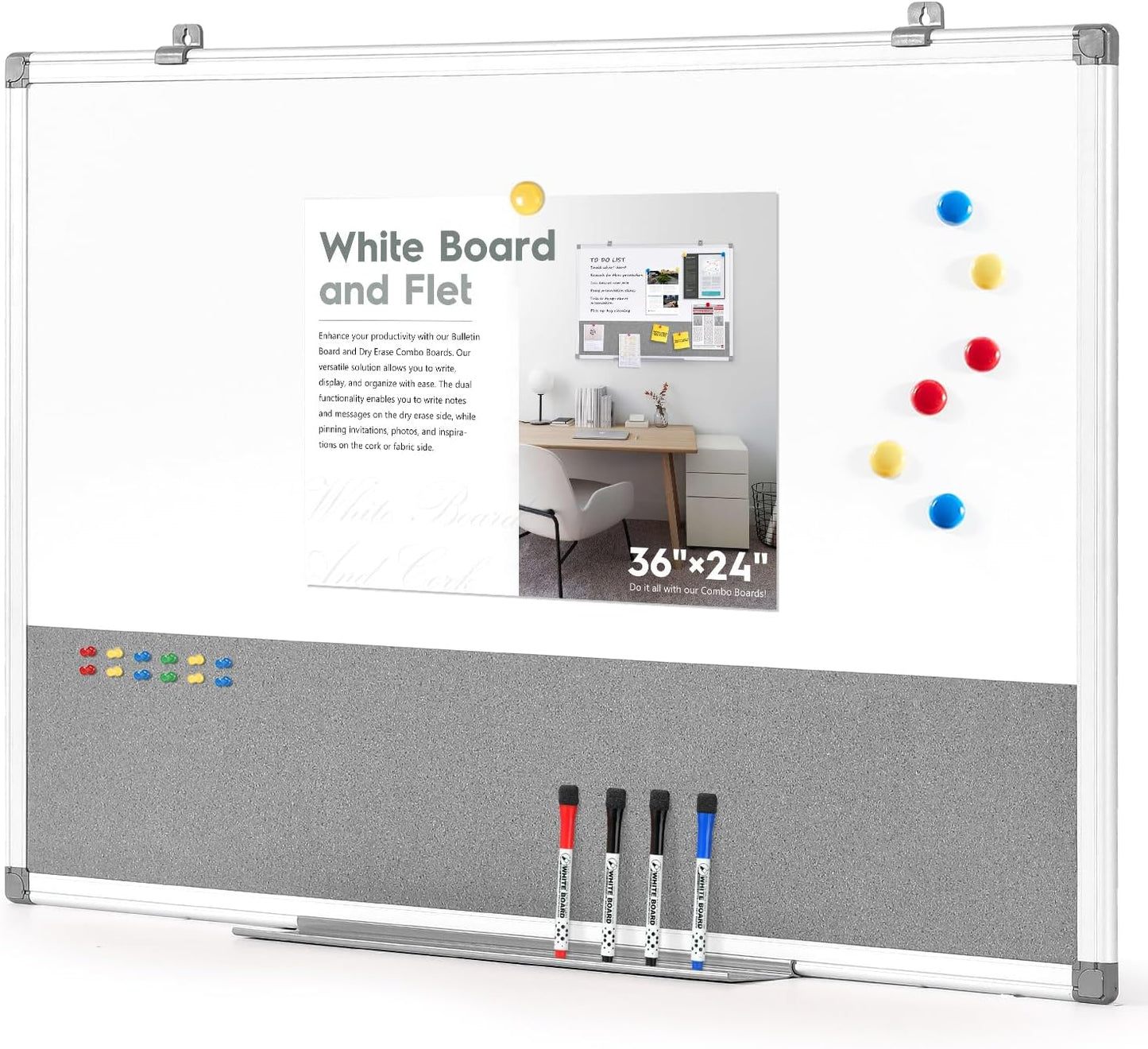 Combo Dry Erase Bulletin Board Wall Mounted Whiteboard and Pin Board Vision Board for Home Kitchen School Office College,Whiteboard & Felt Gray,36x24inches