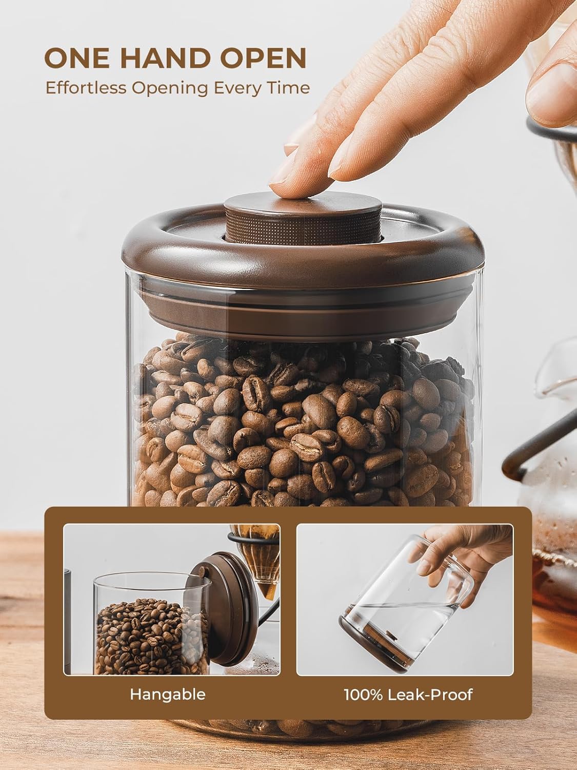 Glass Coffee Container - 900ml x 2 Pop Top Coffee Storage Airtight Canister, Large Ground Coffee Containers Coffee Jars with Lids