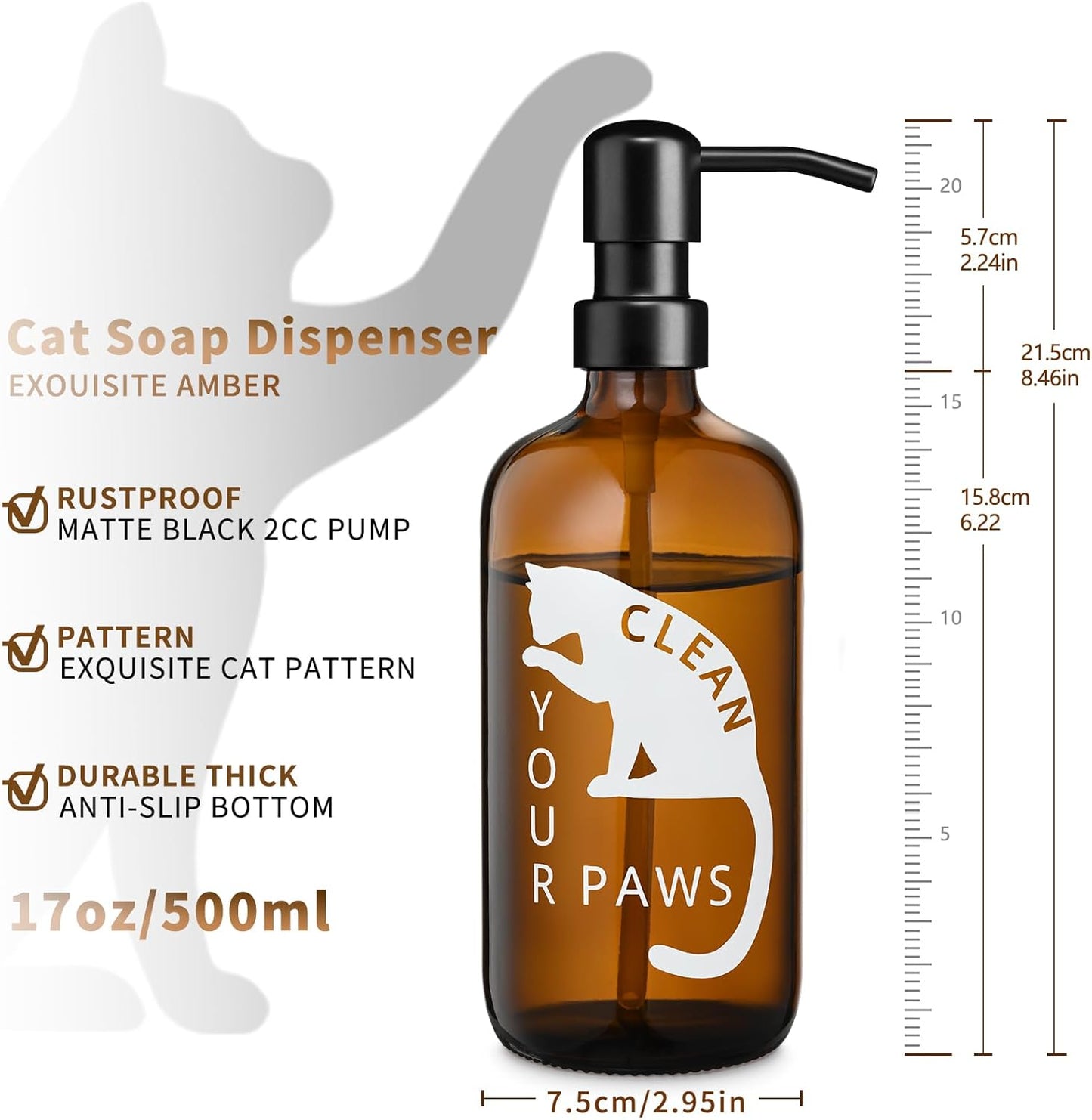 Glass Cat Soap Dispenser 17 oz with 304 Stainless Steel Pump for Kitchen and Kids Bathroom