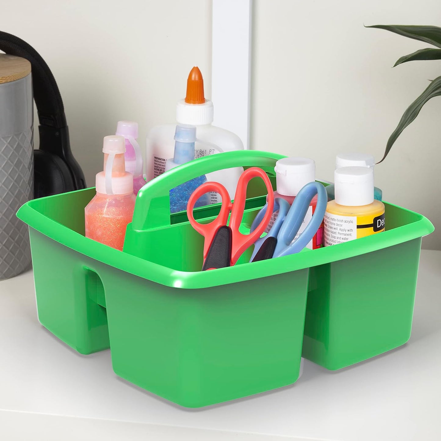 Storex 3-Compartment Small Caddy – Multipurpose Classroom Organizer with Handle, Green, 5-Pack (00951U06C)