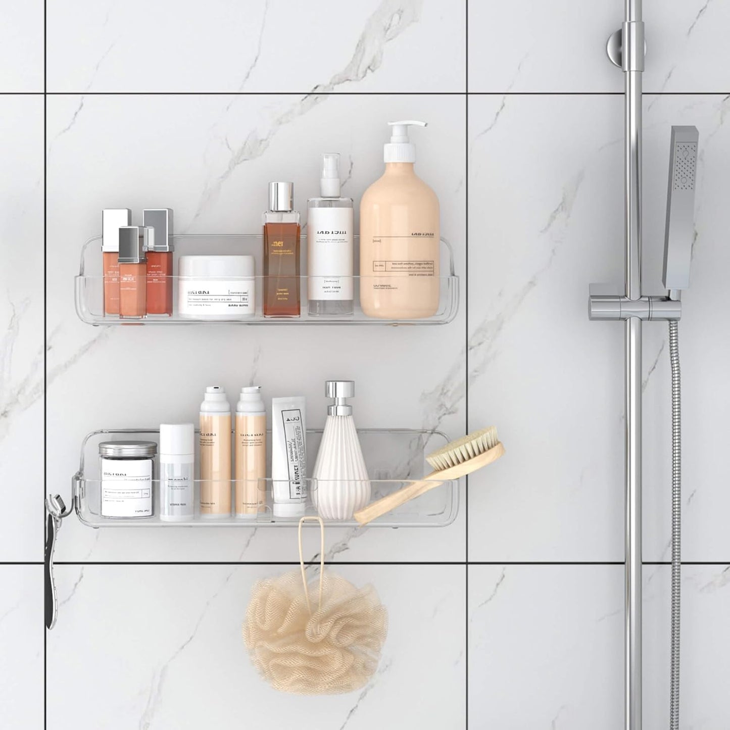 TZAMLI Clear Shower Caddy Bathroom Shelves, No Drilling Self Adhesive Shelf Plastic Shower Organizer, Wall Mounted Rack Inside Shelves for Bathroom Kitchen Storage