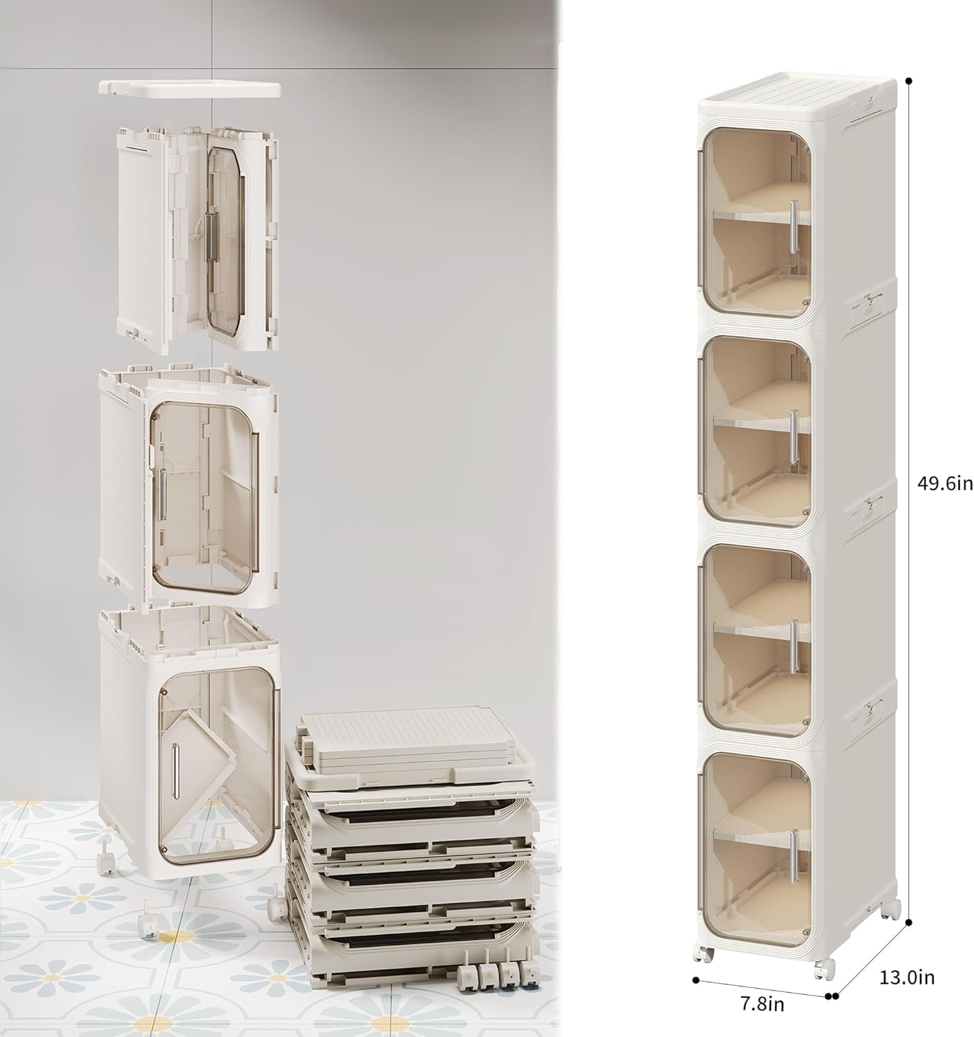 4-Tier Narrow Storage Cabinet Slim Bathroom Storage Cabinet with Movable Wheels Tall Bathroom Organizer Skinny Cabinet for Small Spaces，Beige