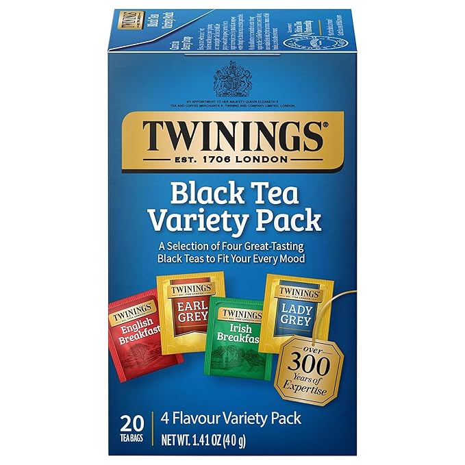 Twinings Variety Pack Black Tea Bags, 20 Count (Pack of 1), Includes English Breakfast, Earl Grey, Irish Breakfast, and Lady Grey, Caffeinated, Enjoy Hot or Iced, 20 Teabags