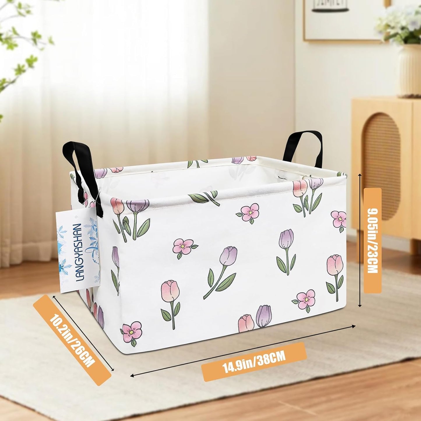 LANGYASHAN Rectangular Storage Bin Collapse Canvas Fabric Cartoon Storage Basket with Handles for Organizing Home Kitchen Boys and Girls Toys Office Closet Shelf Baskets (Rec Romantic Tulip)