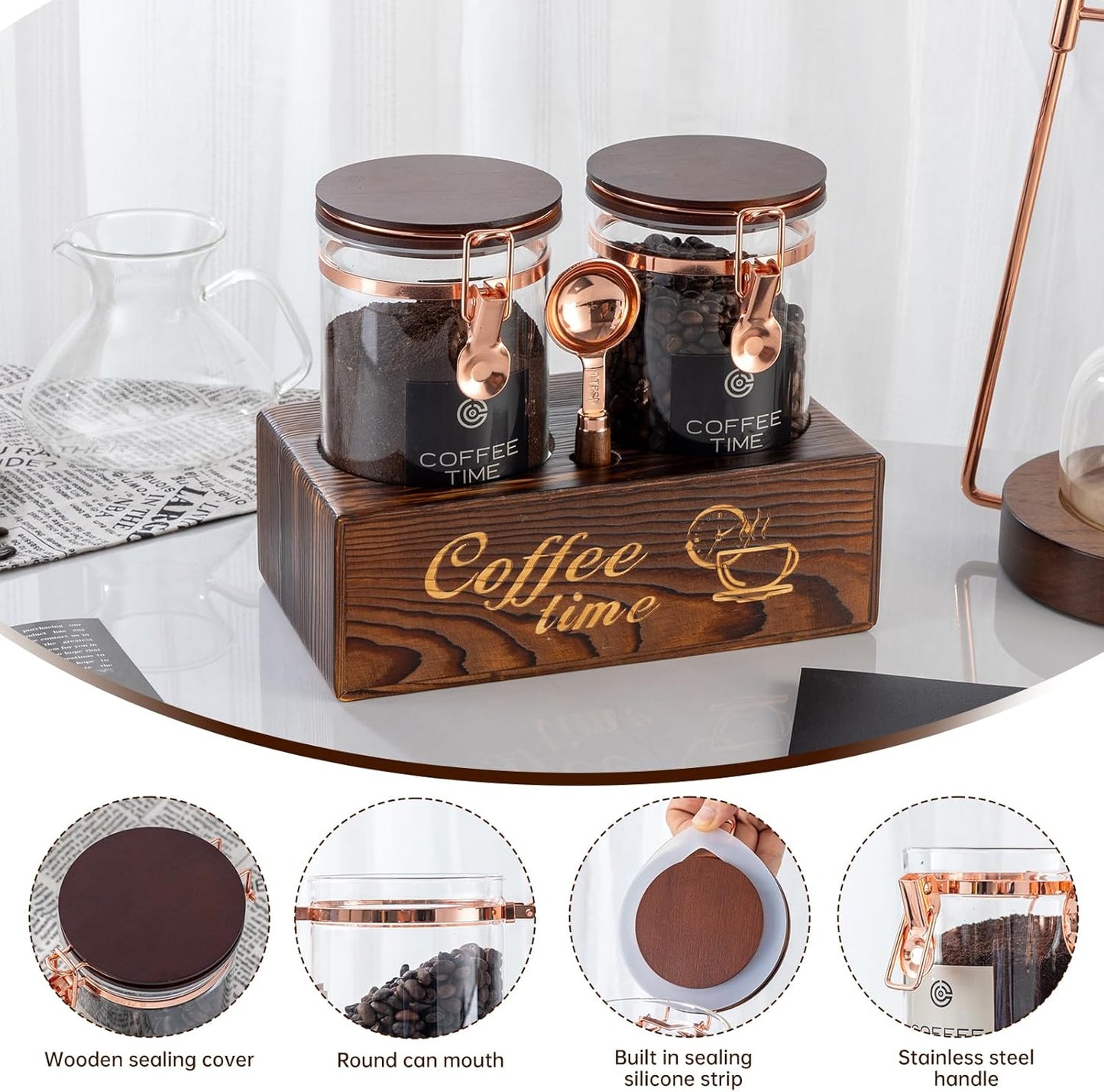 2-Piece Borosilicate Glass Coffee Storage Jars with Wooden Stand & Spoon - Airtight Sealed Containers for Coffee Beans, Ground Coffee, Tea - Clear Glass Canisters for Kitchen Countertop