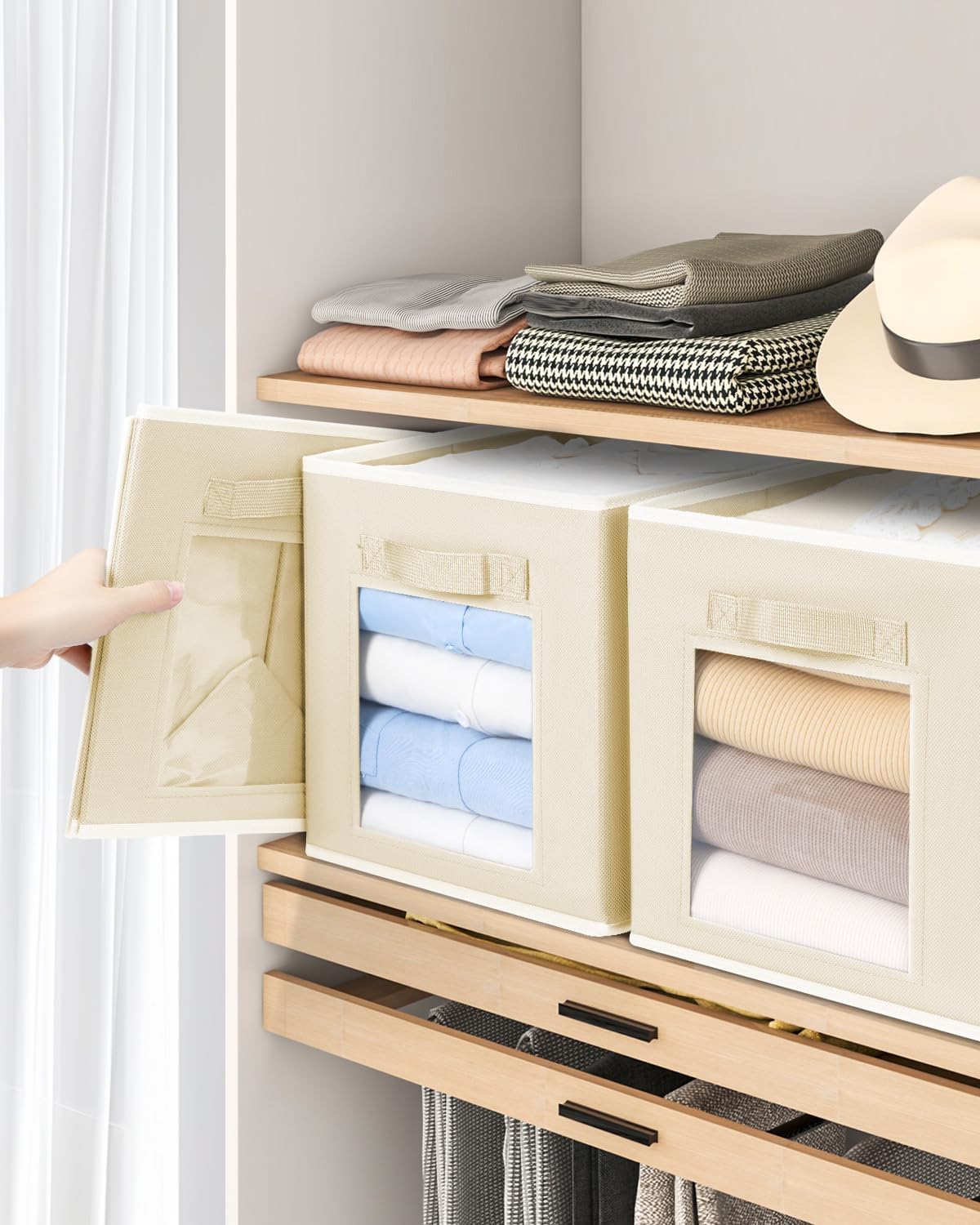 Foldable Storage Cubes - Square Organizer with Window, Decorative Baskets for Organizing, Fabric shelf Basket for Clothes, 11 Inch Closet Storage Cubes, Set of 16, Beige