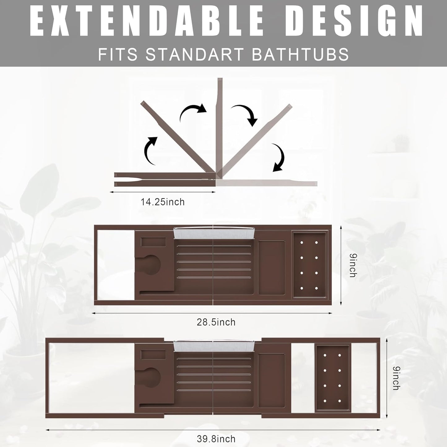 Foldable Bathtub Caddy Tray for Tub,Bamboo Expandable Bath Table Trays,Premium Bathroom Accessories for New Home & Mothers Day & Birthday Gifts for Couples,Brown