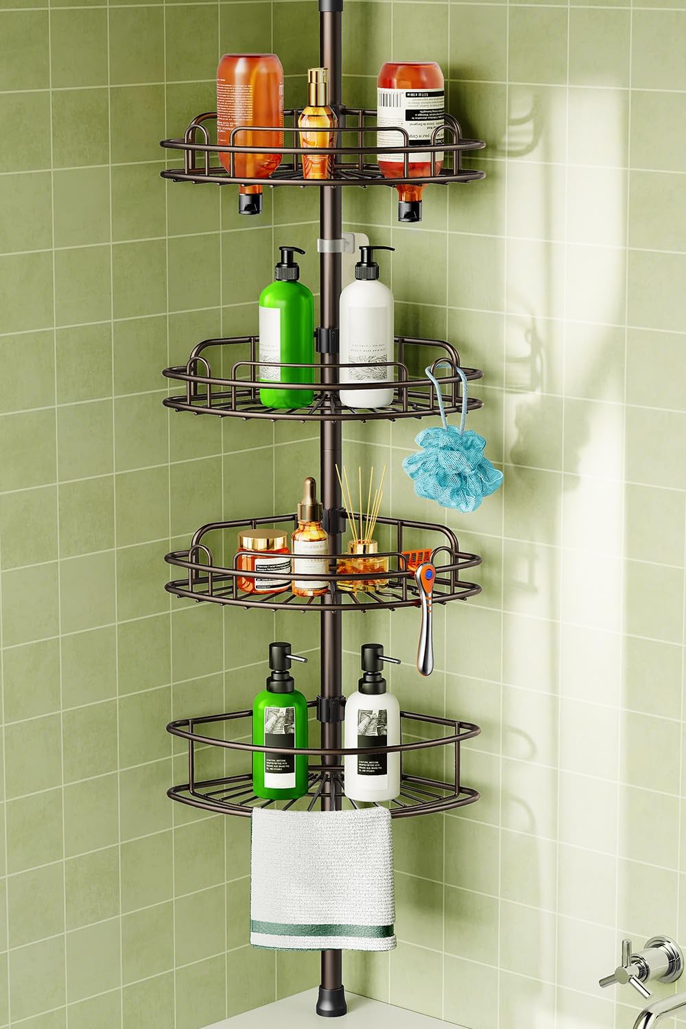 HAMITOR Corner Shower Caddy Tension Pole: 4-Tier Rust-Resistant Adjustable Bathroom Organizer Shelves - 47-121 Inch No-Drill Quick Installation - Space-Saving Storage for Renters Families - Bronze