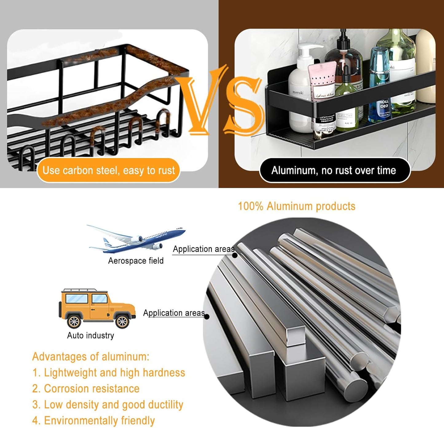 Shower Shelf 3 Pack - Bathroom Shower Shelf Rust-Proof Aluminum Adhesive Installation No Drilling Required, Suitable for Bathroom Storage and Home Decoration