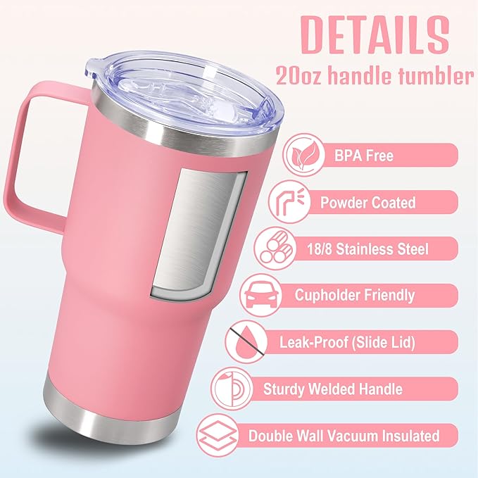 20 oz Tumbler with Handle and Lid, Stainless Steel Tumbler Insulated Travel Coffee Mug, Spill Proof Double Wall Vacuum Tumbler Cup Keep Drink Hot & Cold, Pink, 1 Pack