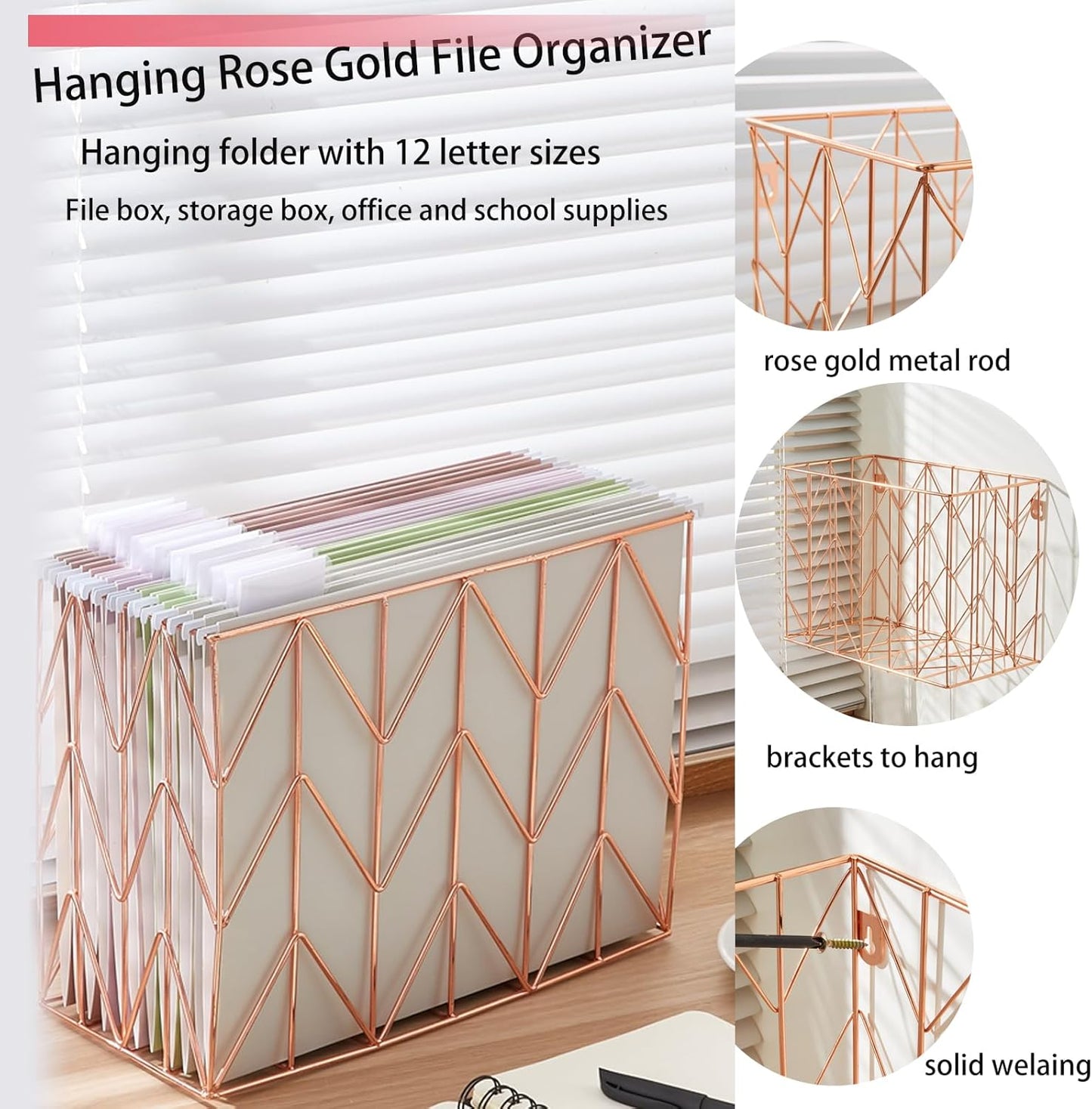 Hanging rose gold file organizer with 12 letter sized hanging folders, file basket, file box, storage box, office and school supplies