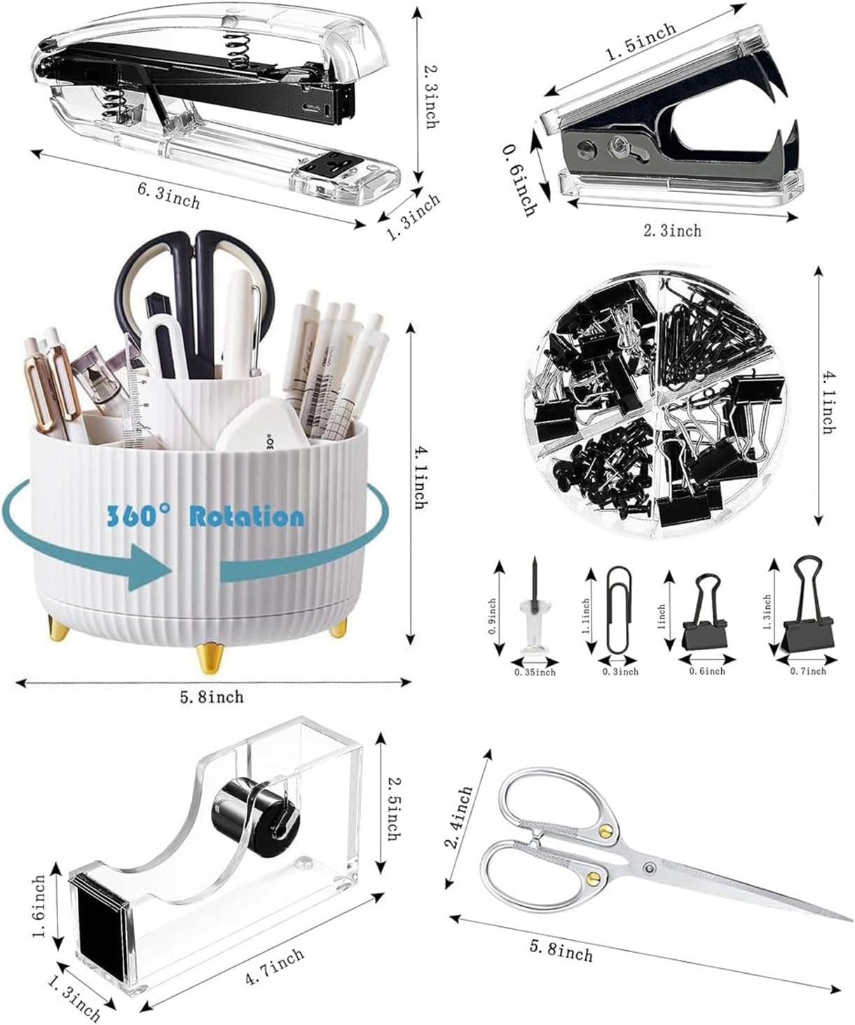 Desk Organizers and Accessories Set with 360-Degree Rotating Pen Holder, Acrylic Stapler, Tape Holder, Staple Remover, Binder/Paper Clips Kit, Scissor and 1 Box of Staples