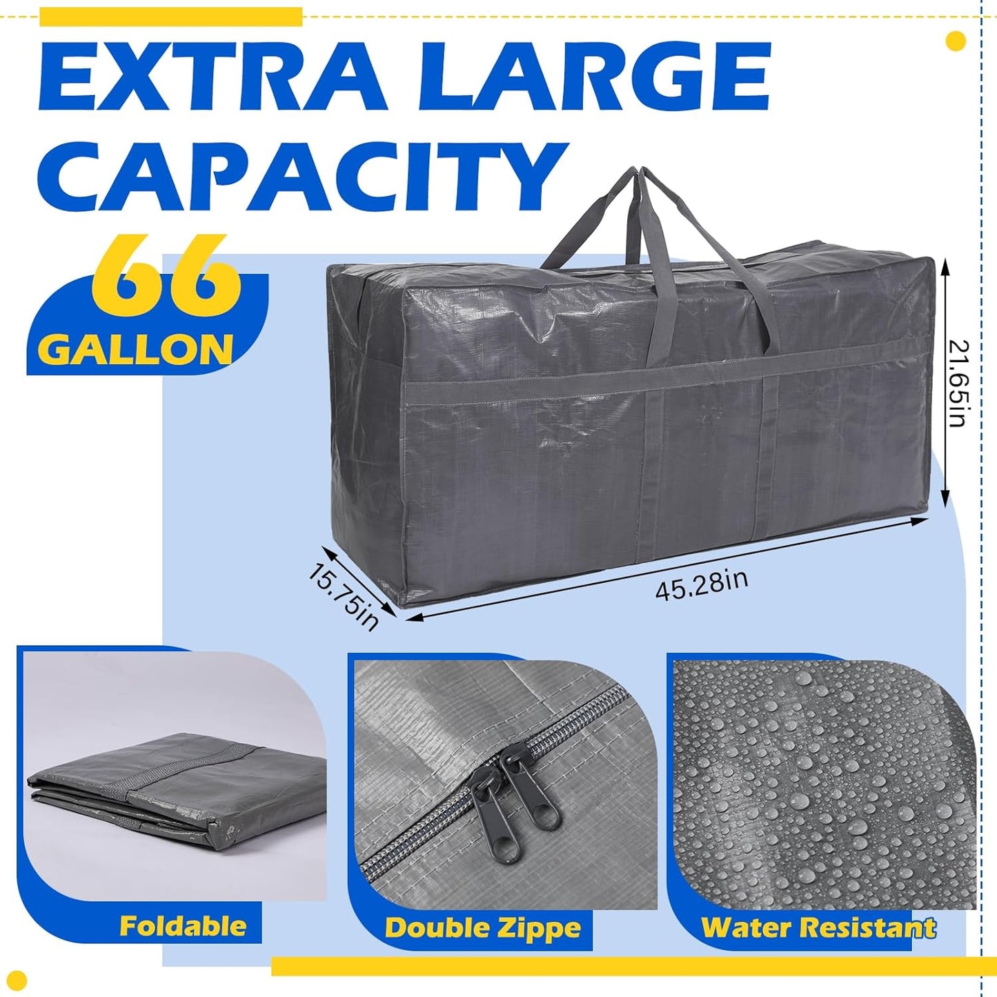 4 Pcs 66 Gallon Large Moving Bags with Zipper and Handles Foldable Storage Duffle Bags Heavy Duty Extra Large Totes for College Dorm Travel Clothes Blankets Bedding Moving (Gray)