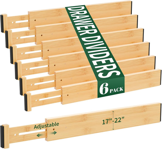 6 Pack Bamboo Drawer Dividers 2.6" High,17-22" Adjustable Spring Loaded Clothes Drawer Organizers for Kitchen, Dresser, Bathroom, Bedroom and Office