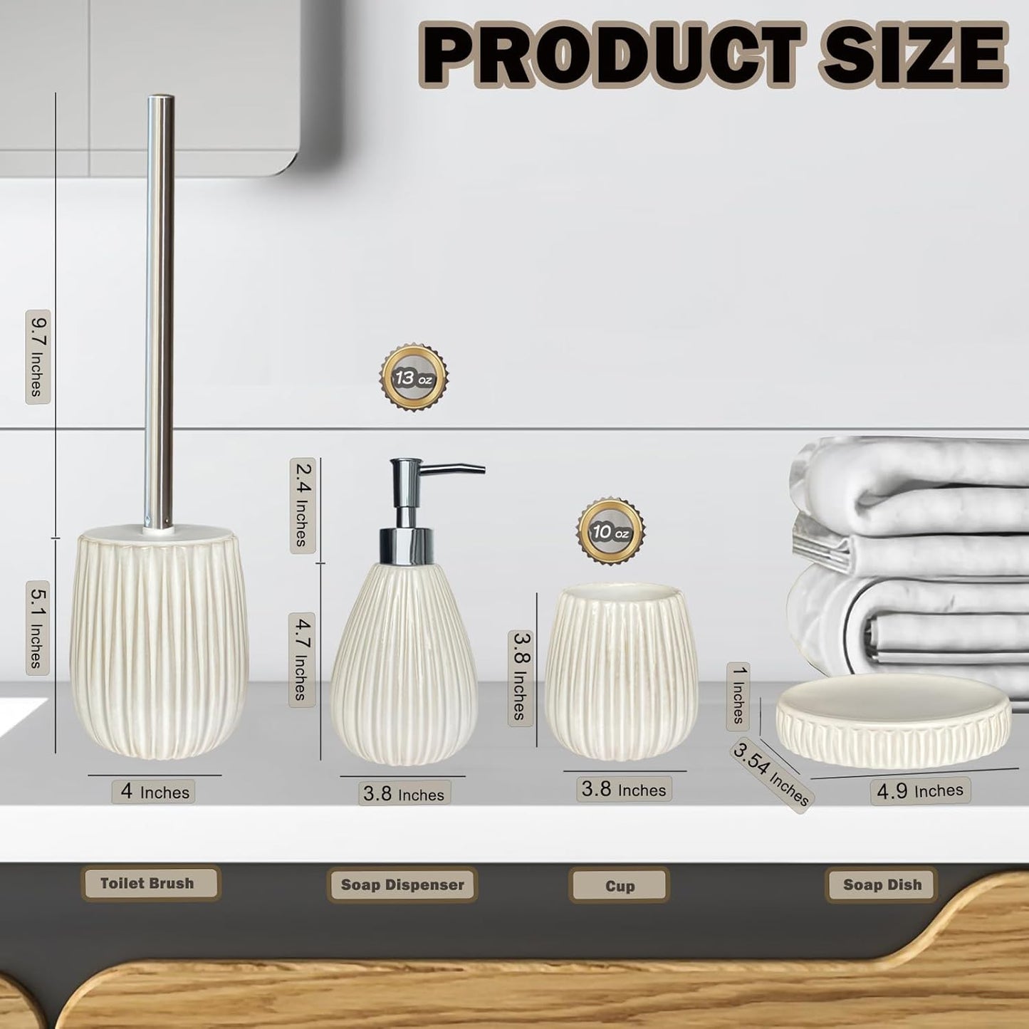 Ceramic Bathroom Accessory Set, White Bathroom Set, Caahanjia Bathroom Accessories Set 4 Pieces, Toilet Brush, Lotion Dispenser, Soap Dish, Toothbrush Cup, Modern Bathroom Décor (13 Ounce)