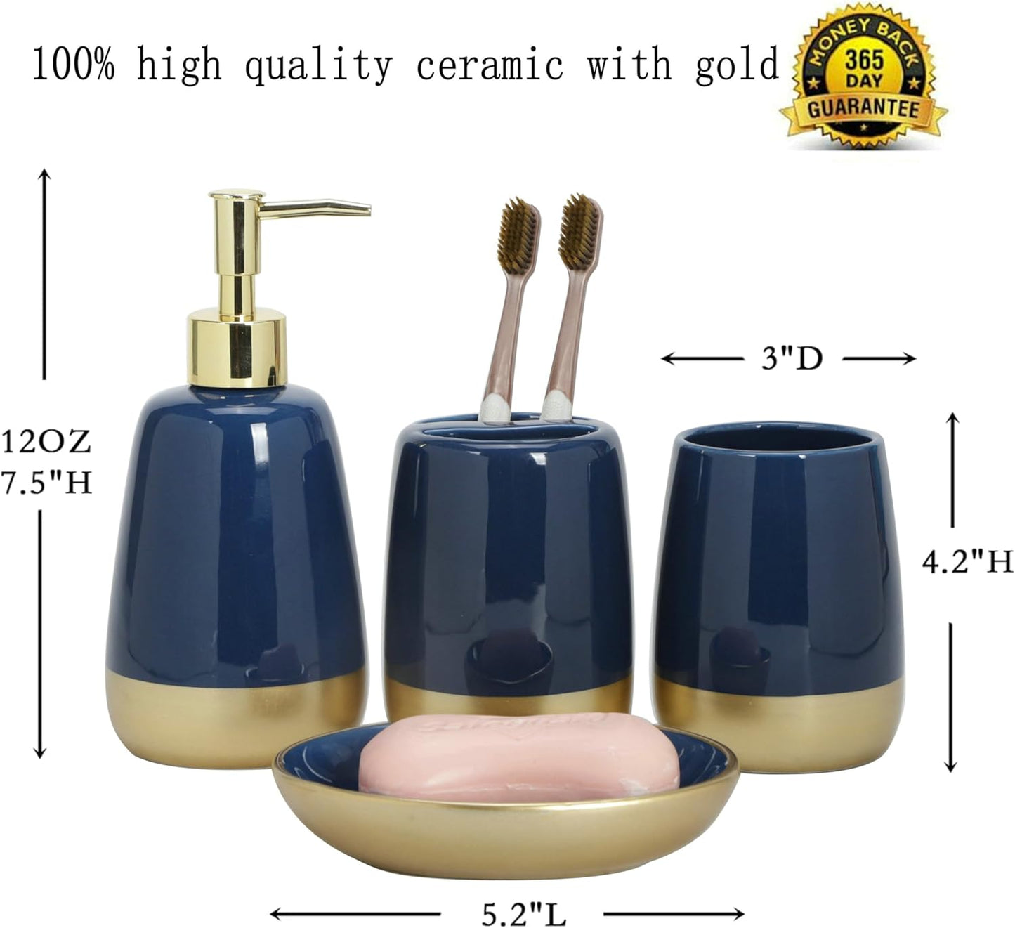 Navy Blue Gold Luxury Bathroom Accessories Set 4 Pieces,Vanity Countertop Ceramic Accessory Set for Bathroom Decor with Soap Dispenser,Toothbrush Holder, Tumbler,Soap Dish (Navy Blue)