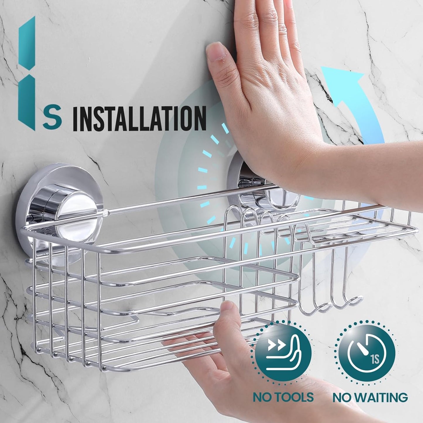 TAILI Shower Caddy Suction Cup 2 Pack with Hooks and Soap Holder, Heavy Duty Shower Organizer for Bathroom, No Drilling Silver bathroom suction shelves