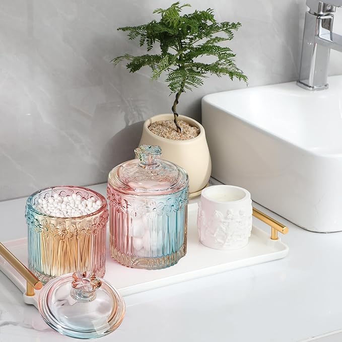 rejomiik 2 Pack Qtip Holder Glass Apothecary Jars with Lids Set Bathroom Canisters Dispenser Organizers and Storage for Cotton Swabs, Balls, Pads, Floss Picks, Candy, Rainbow