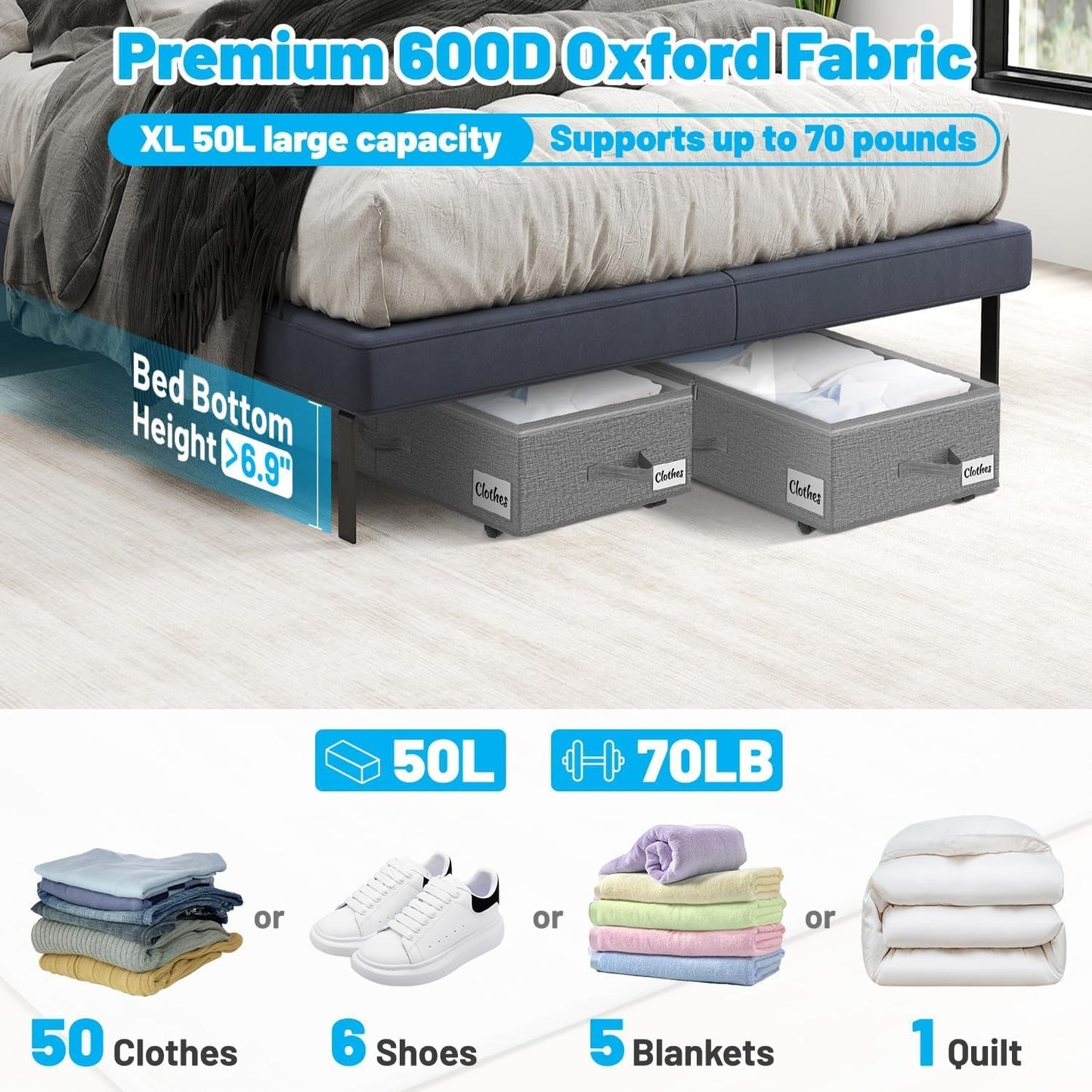 2 Pack Under Bed Storage with Wheels 6.7" Height, Rolling Storage Bins XL 50L, Underbed Shoe Storage Containers with Label & Clear Lid, Dorm Under bed Drawers for Clothes, Shoes, Quick Assembly, Grey