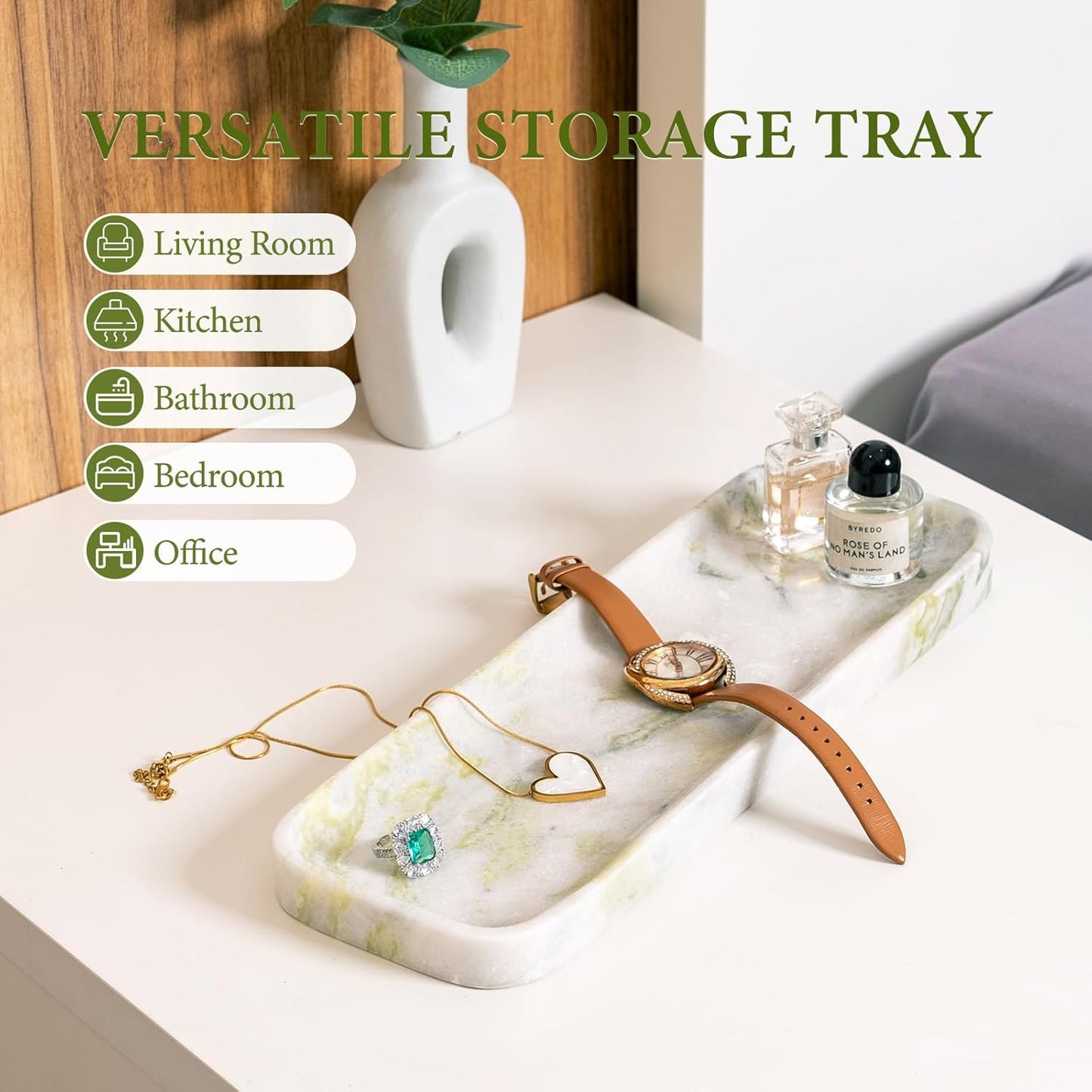 Koville Marble Tray for Bathroom Sink, 12"x4" Natural Stone Vanity Tray for Kitchen Dresser Countertop, Rectangular Decorative Marble Tray for Jewelry Perfume Trinket(Bianco Palomino)