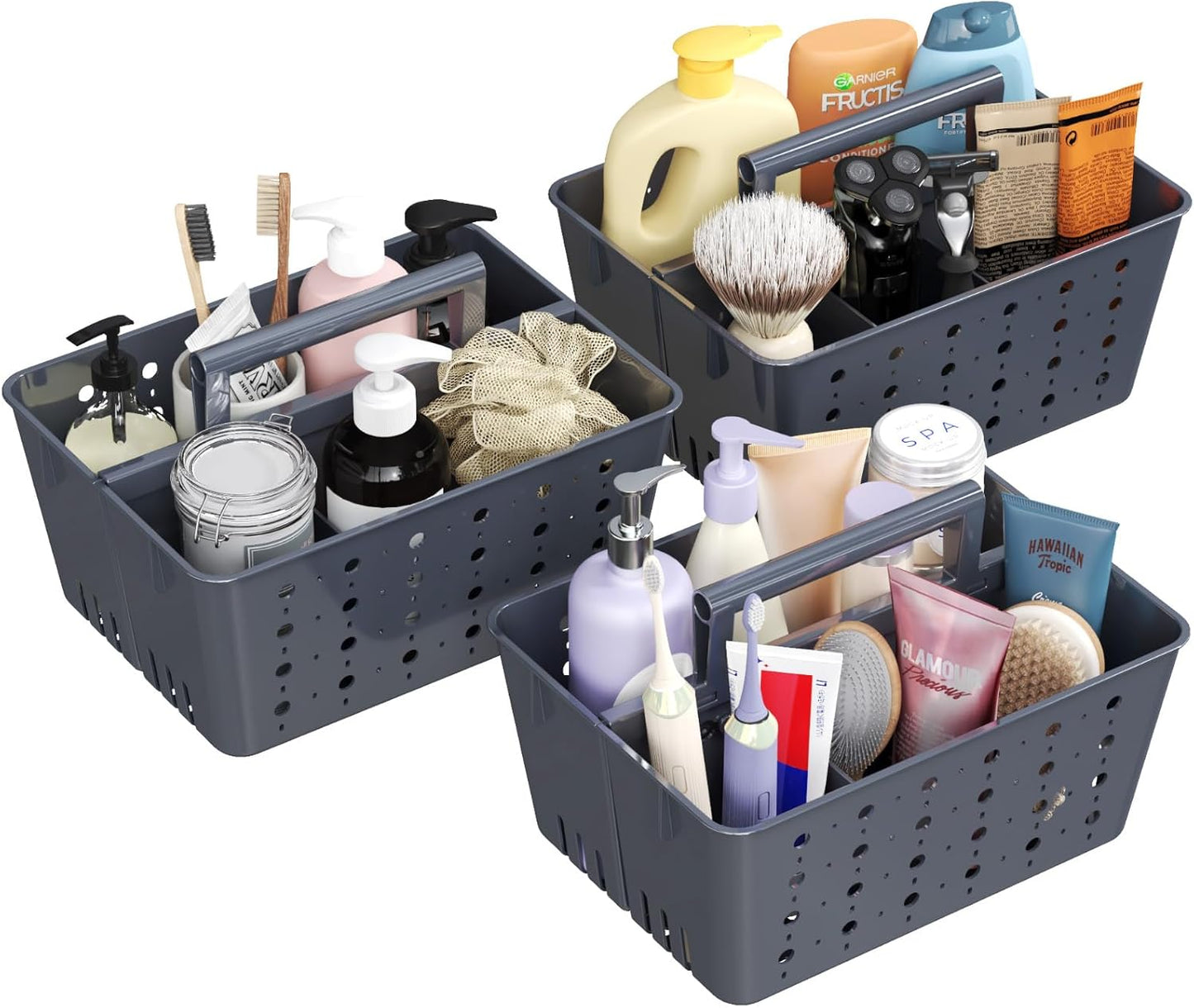 Lifewit Portable Shower Caddy with Handle, 3 Pcs Plastic Shower Caddy Dorm with Holes, Clean Organizer Basket for Bathroom, College, Dorm Room Essentials, Slate Blue